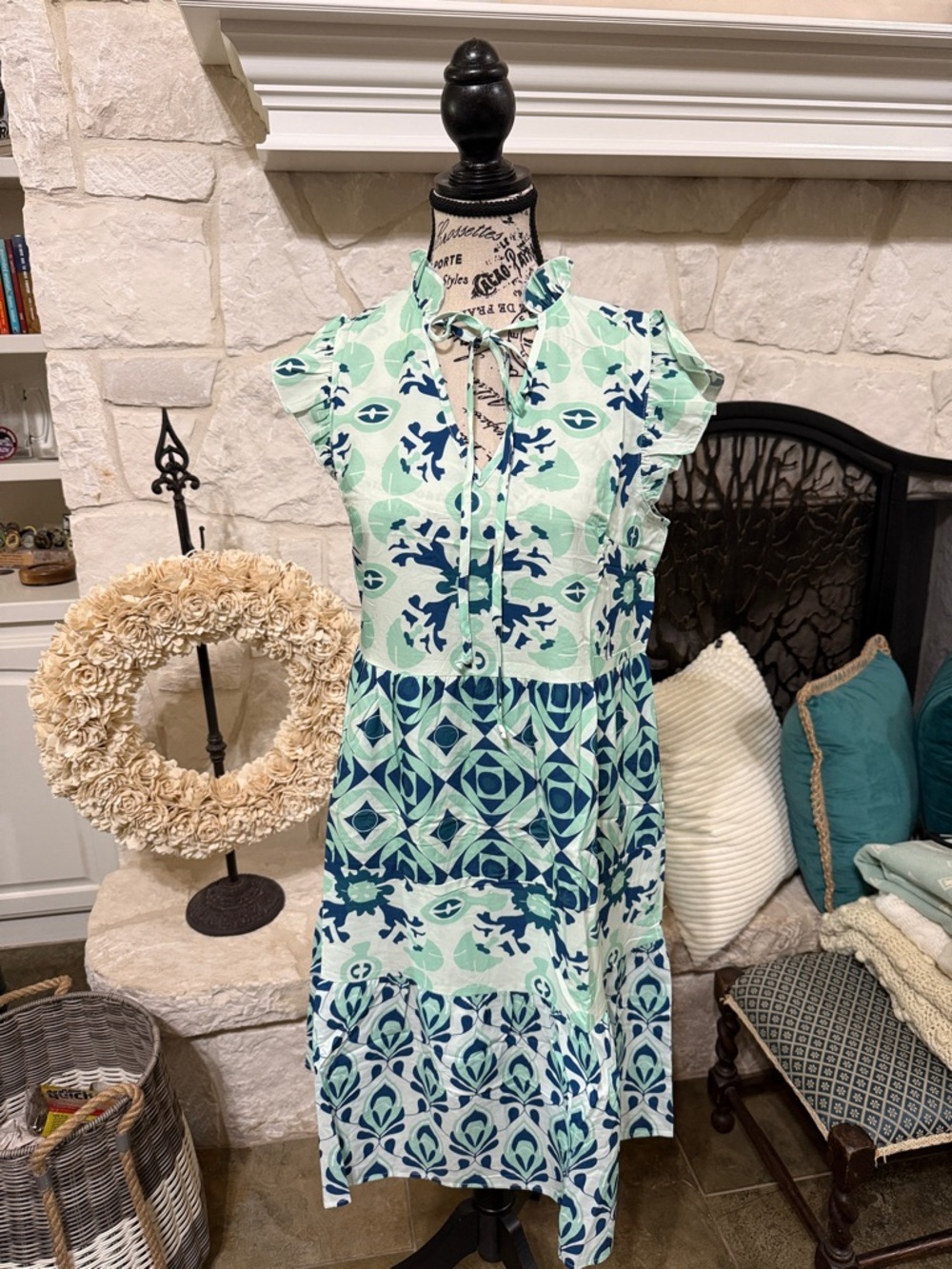 Women’s Mint & Navy Printed Tiered Dress